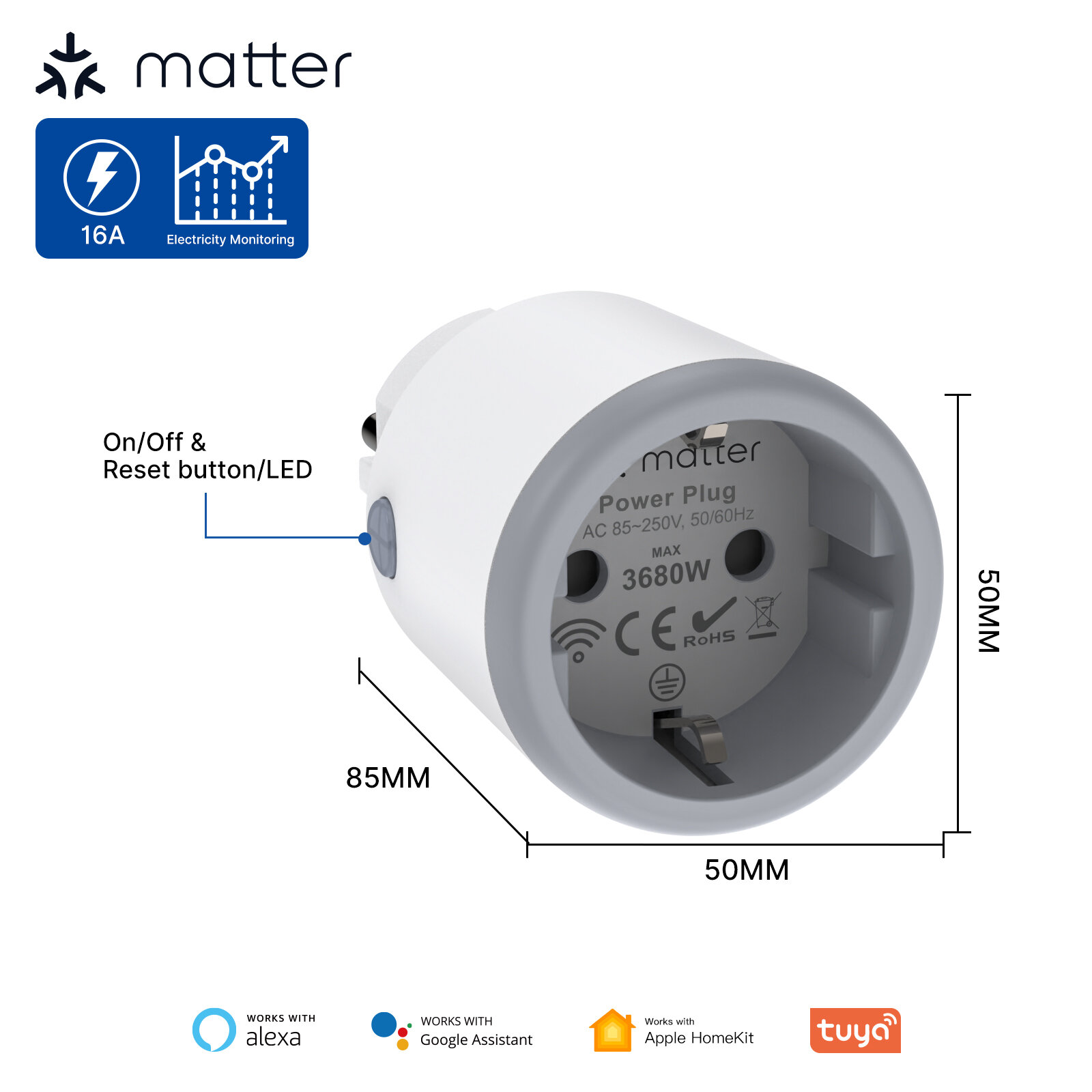 MoesHouse WiFi Smart Plug Socket 16A 3680W AC 85-250V 50/60Hz Smart Timer Outlet Power Monitor Support Tuya Apple Work With Google Home Alexa COD