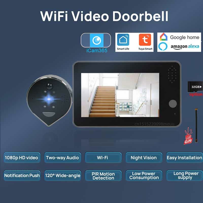 Tuya Smart WiFi Doorbell 1080P HD Eye Peephole Camera with 4.3inch LCD Screen Display 5000mAh Night Vision PIR Motion Detection Two-way Audio Door Viewer